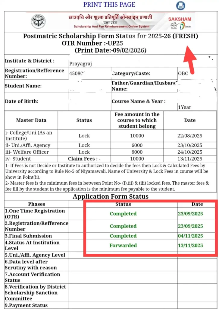 up iti scholarship status